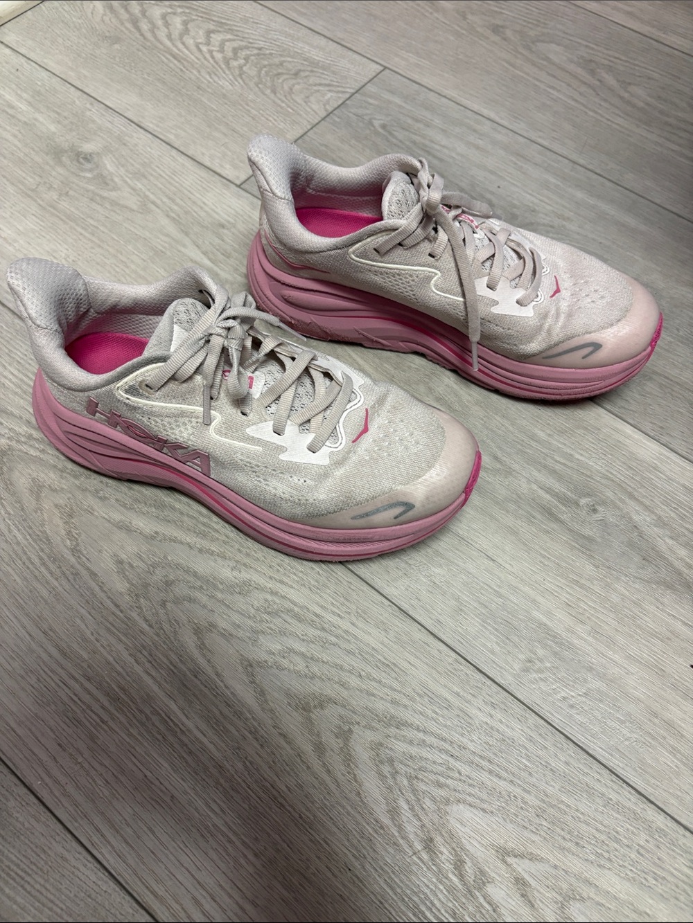 Hoka Kids Pink and Light Gray Cushioned Sneakers